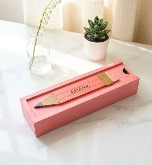 AMANA - Wooden Pencil Box with Sliding Top - Pink