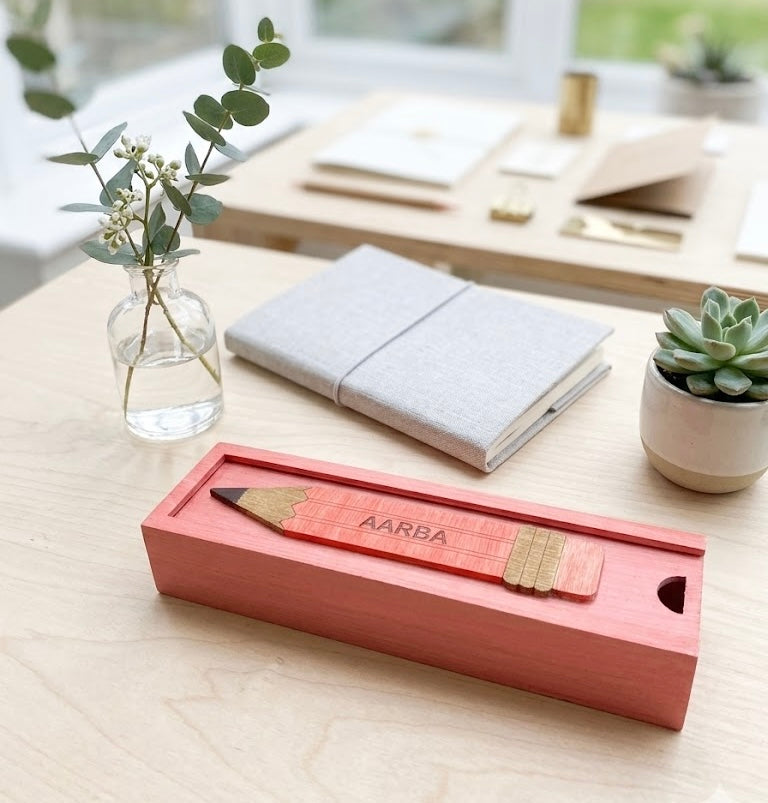 AARBA - Wooden Pencil Box with Sliding Top - Pink