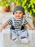 Dungaree style Half Romper Set - Black and white