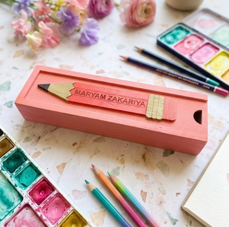 MARYAM ZAKARIYA  - Wooden Pencil Box with Sliding Top - Pink