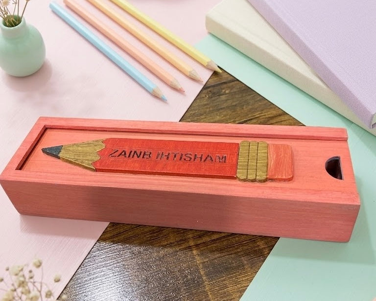 ZAINB IHTISHAM  - Wooden Pencil Box with Sliding Top - Pink