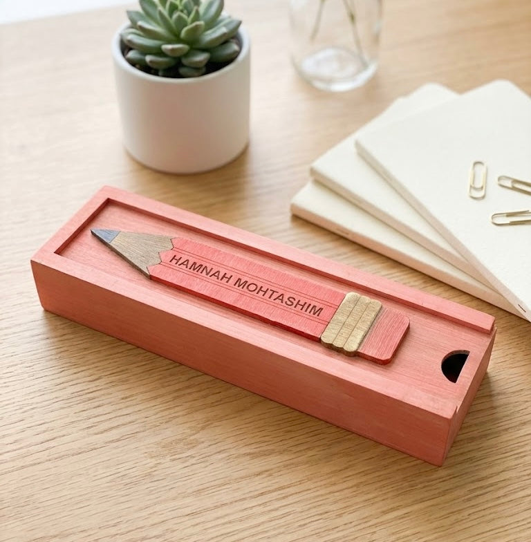 HAMNAH MOHTASHIM  - Wooden Pencil Box with Sliding Top - Pink