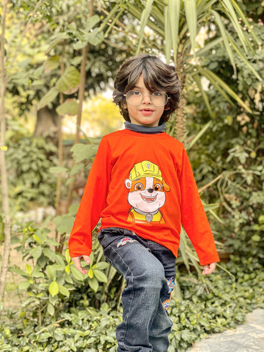 Orange Dog Ruff's Ready to Build Printed Full Sleeves T-shirt for Kids