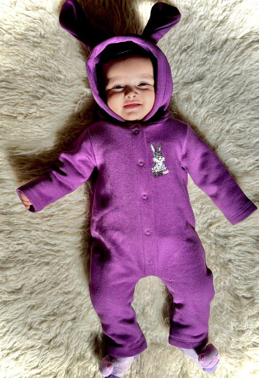 Fleece Bunny Full Sleeves Baby Jumpsuit with Snap Button - Purple