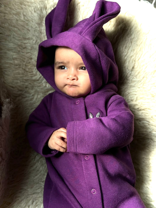 Fleece Bunny Full Sleeves Baby Jumpsuit with Snap Button - Purple