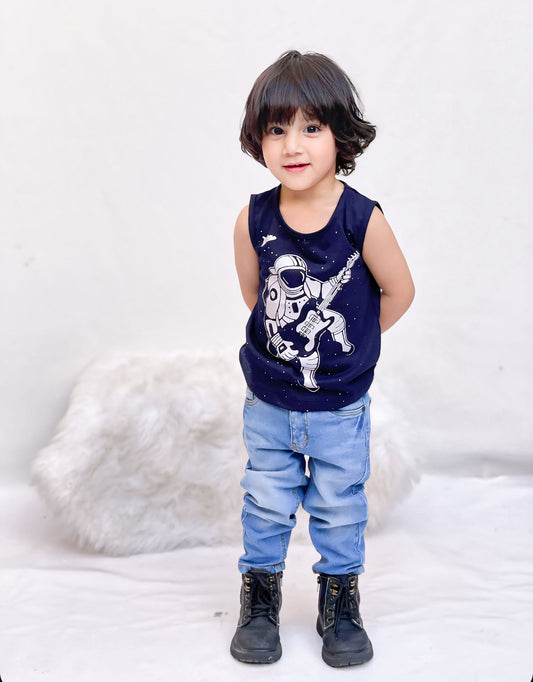 Rockstar Astronaut Printed Sandos for Boys - Navy Blue