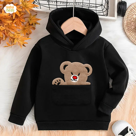 Embroidered Snug Bear Fleece Baby Hoodie -Black