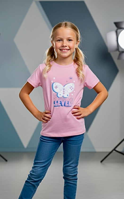Level Up Butterfly Half Sleeves T-shirt For Kids - Baby Pink