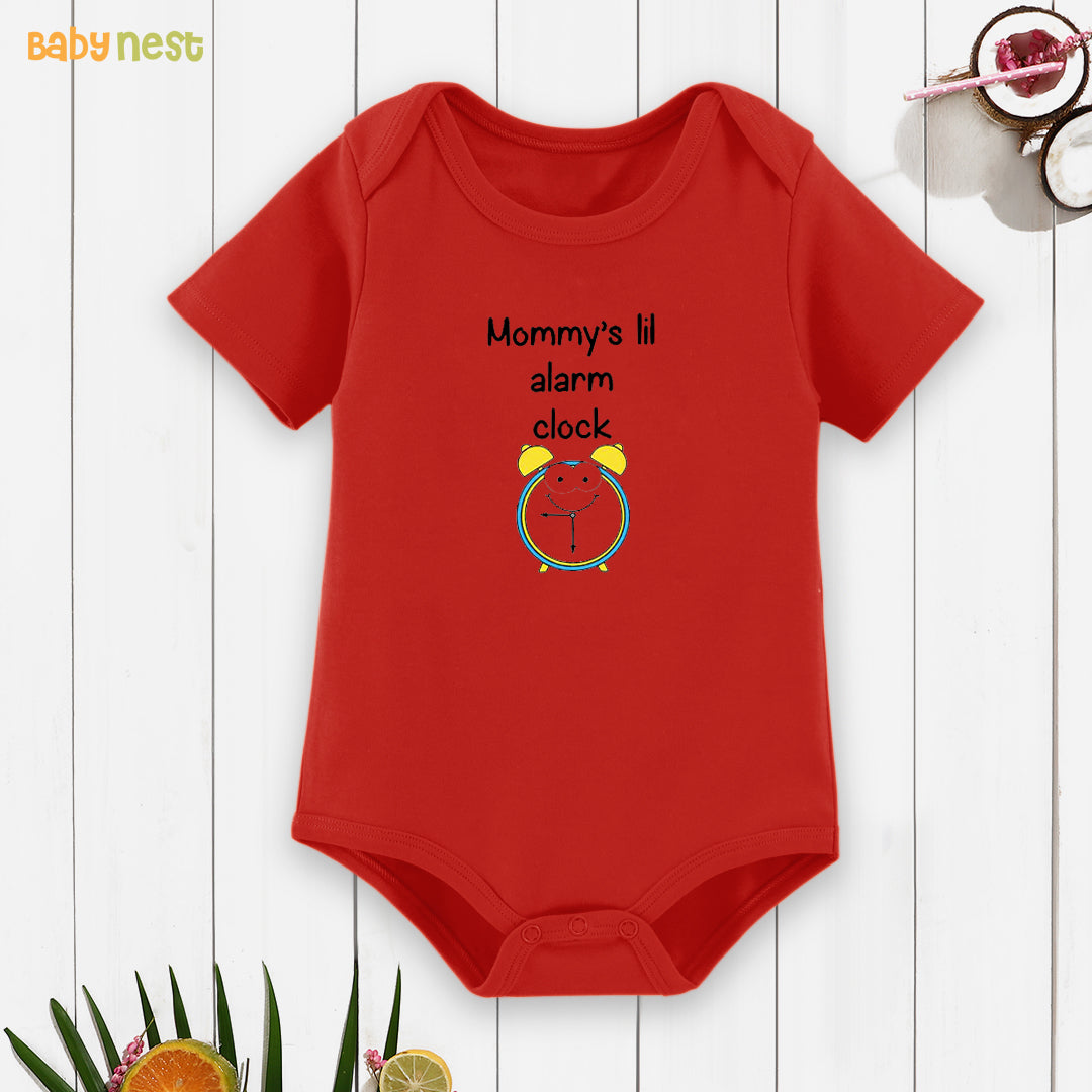 Half Sleeves Onesie with Mommy's Lil Alarm Clock Print-Red