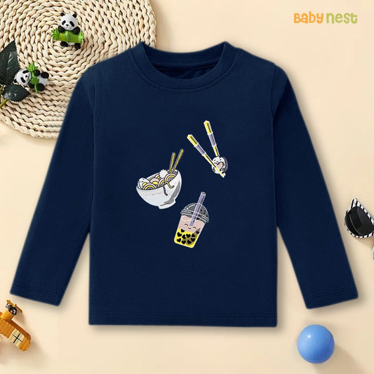 Navy Noodle Bowl Fun Printed Full Sleeves T-shirt for Kids