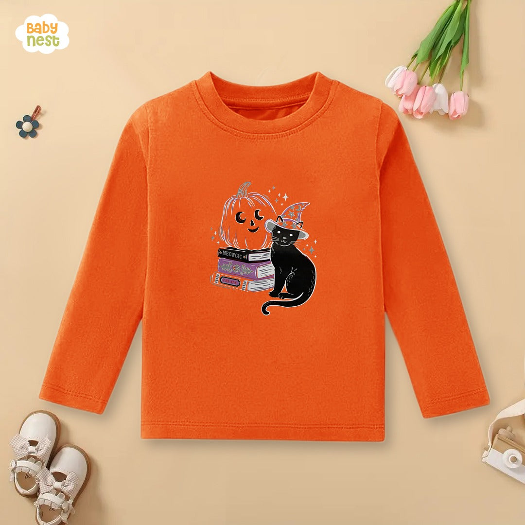 Orange Magic & Meow Pumpkin Printed Full Sleeves T-shirt for Kids