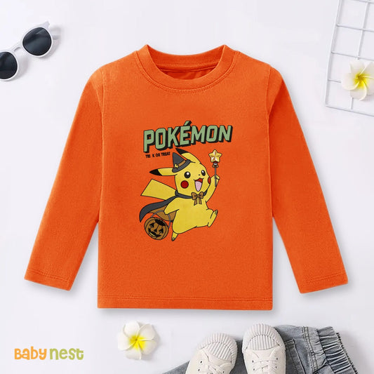 Orange Pokémon Adventure Printed Full Sleeves T-shirt for Kids