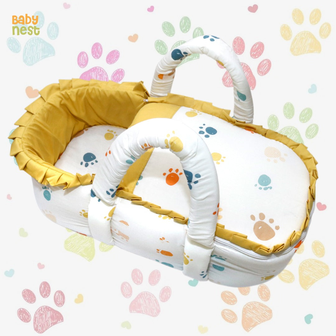 Cotton Carry Nest & Sleeping Bag Paw Print Haven - White