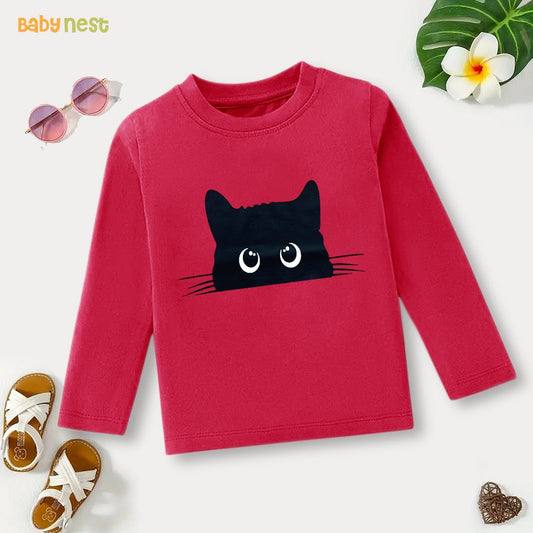 Pink Peekaboo Cat! Printed Full Sleeves T-shirt for Kids