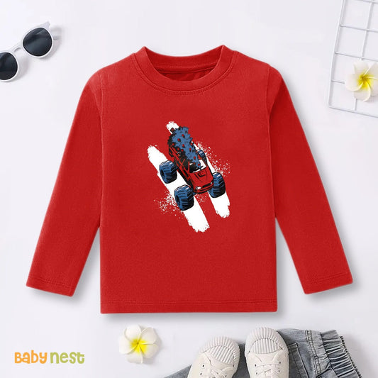 Red Monster Truck Madness Printed Full Sleeves T-shirt for Kids