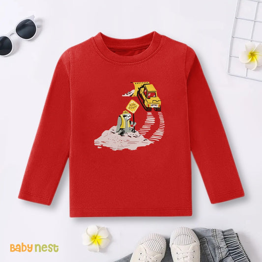 Red Slow Down! Construction Ahead Printed Full Sleeves T-shirt for Kids