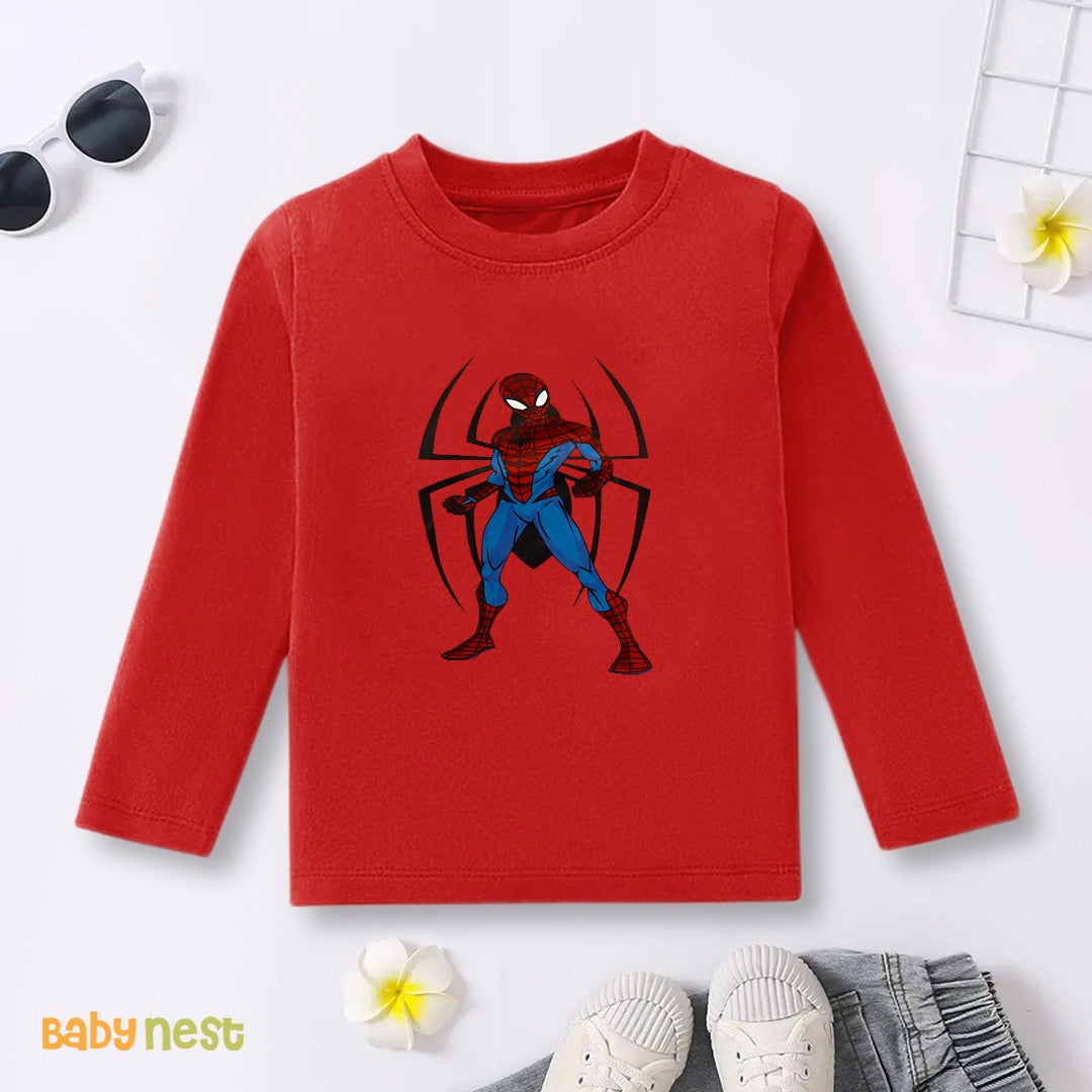 Red Superhero Style Spiderman Printed Full Sleeves T-shirt for Kids