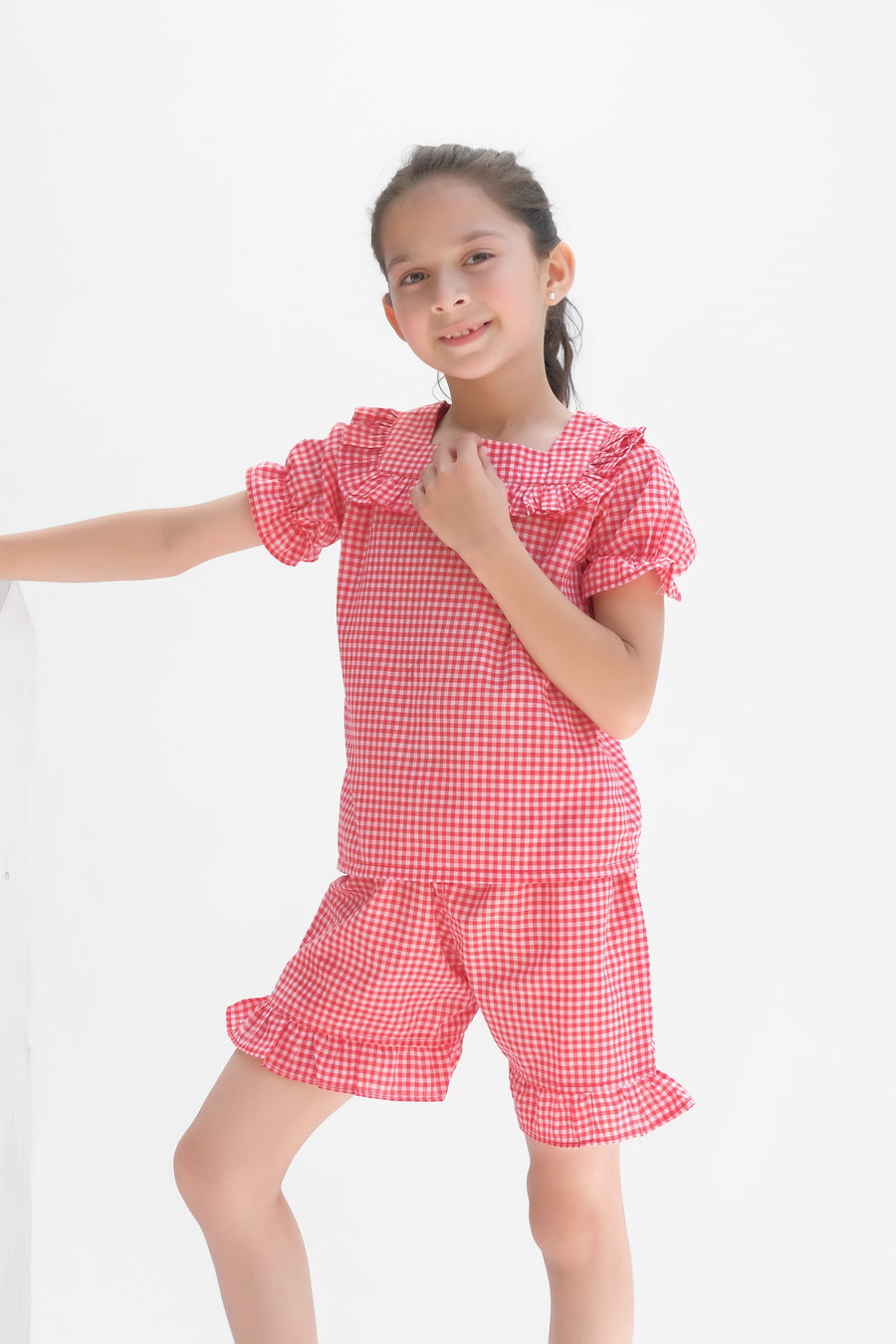 Red Casual Checked Top with Short for Girls