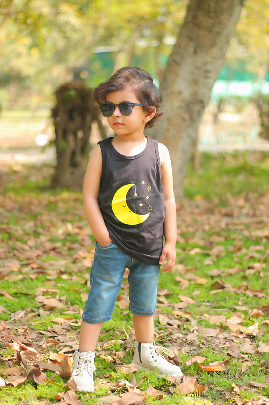 BNBBS-103 - Yellow Moon Print Sandos For Kids - Black