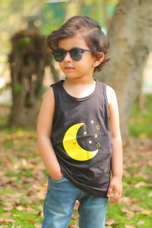 BNBBS-103 - Yellow Moon Print Sandos For Kids - Black