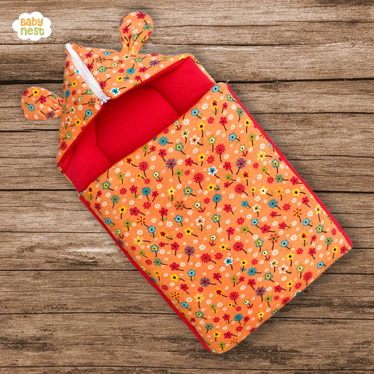 Vibrant Orange Floral Hooded Bear Carry Nest & Sleeping Bag