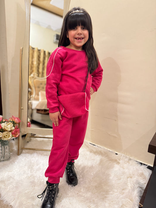 Vibrant Pink Cozy Explorer Fleece Tracksuit for Kids with Sling Bag