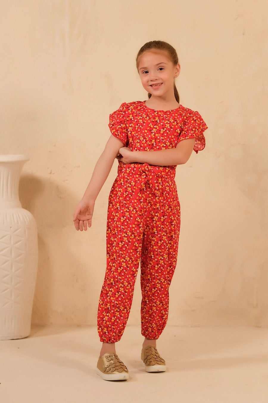 New Allover Floral Print Jumpsuit - Red