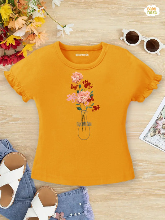 T-shirt With Embossed Flowers For Girls Half Sleeves Yellow