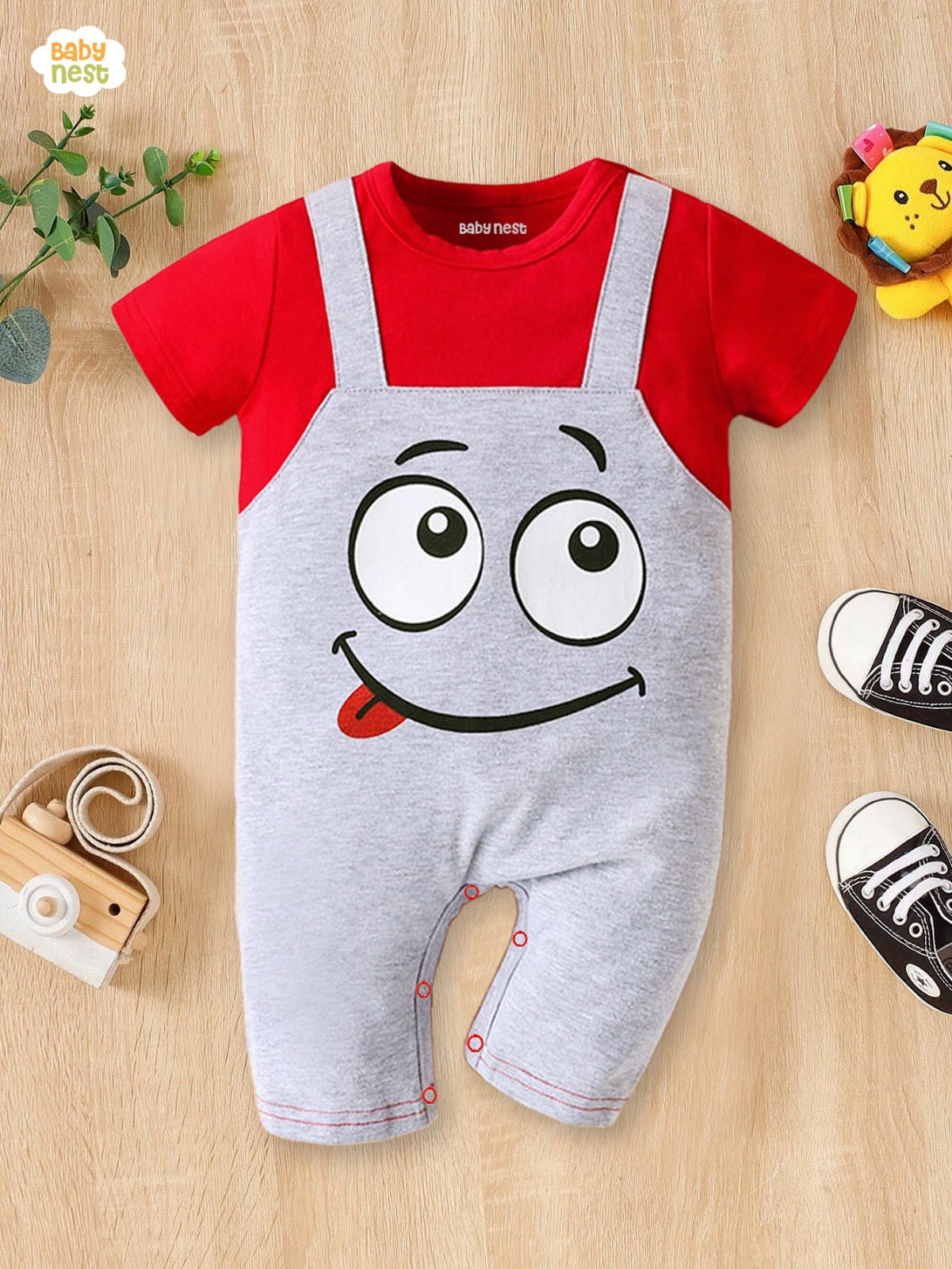 Dungaree Style Graphic Print  Half Romper Red
