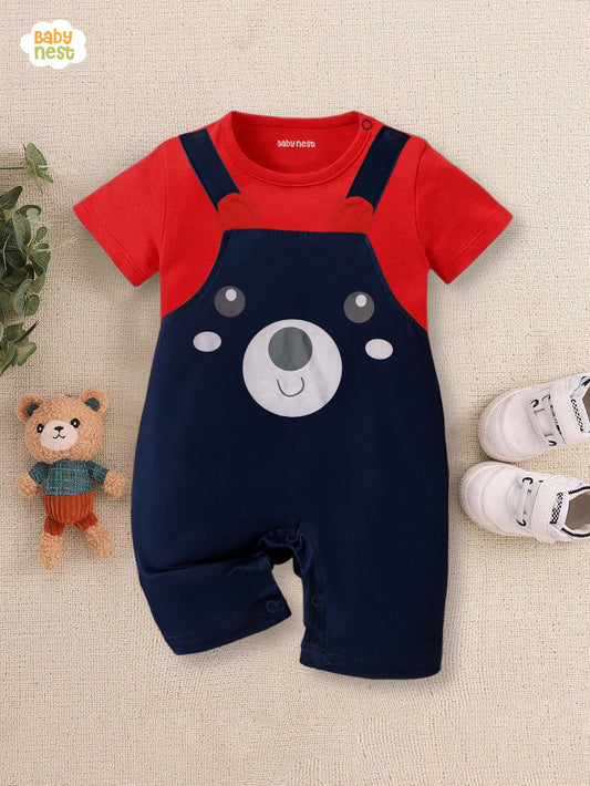 Dungaree Style Half Sleeve Romper Red & Navy Blue