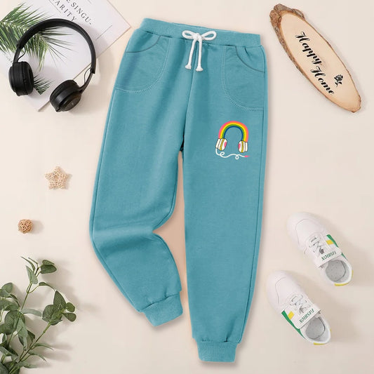 Fleece Jogger Pants for Kids Rainbow Headphones -Light Blue