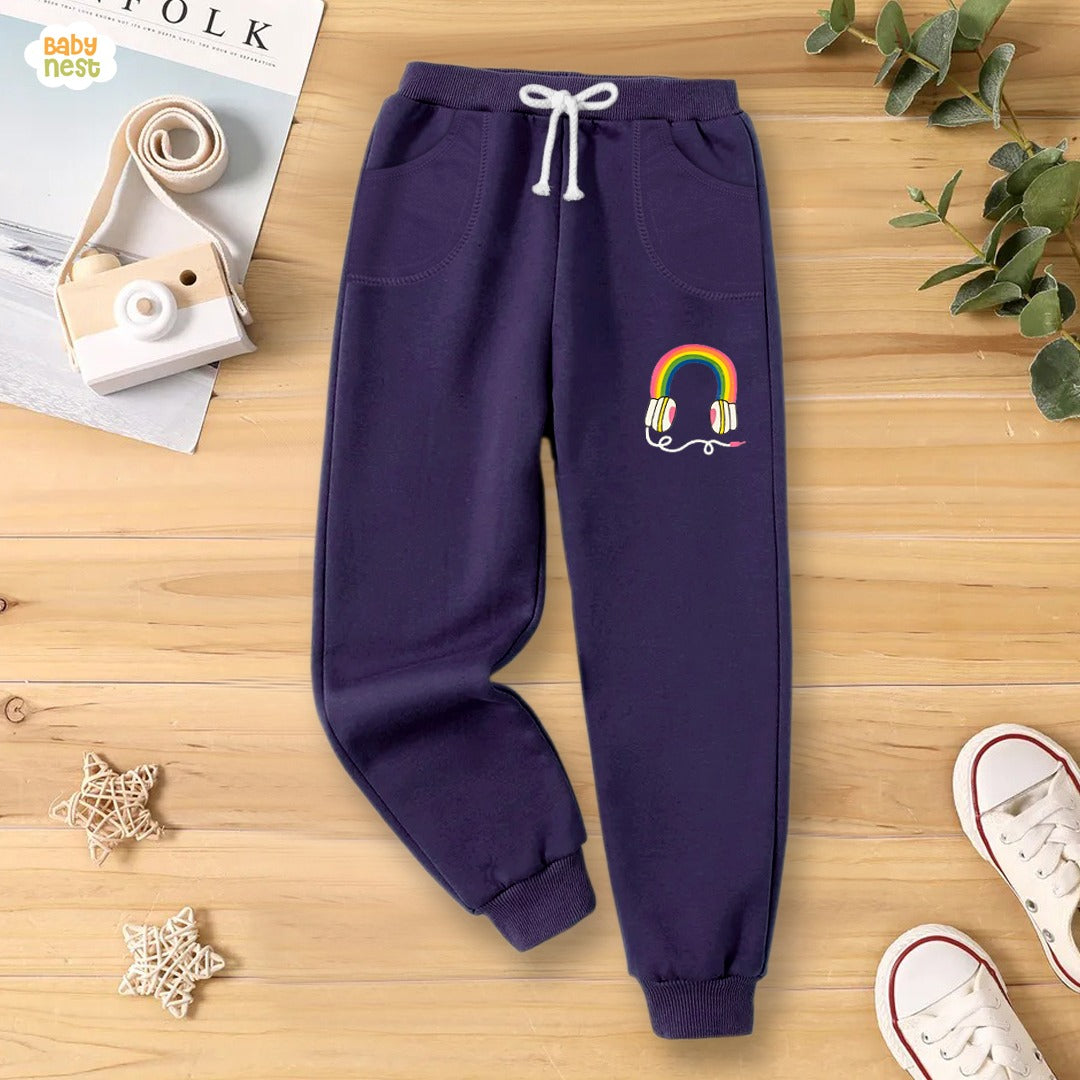 Fleece Jogger Pants for Kids Rainbow Headphones -Purple