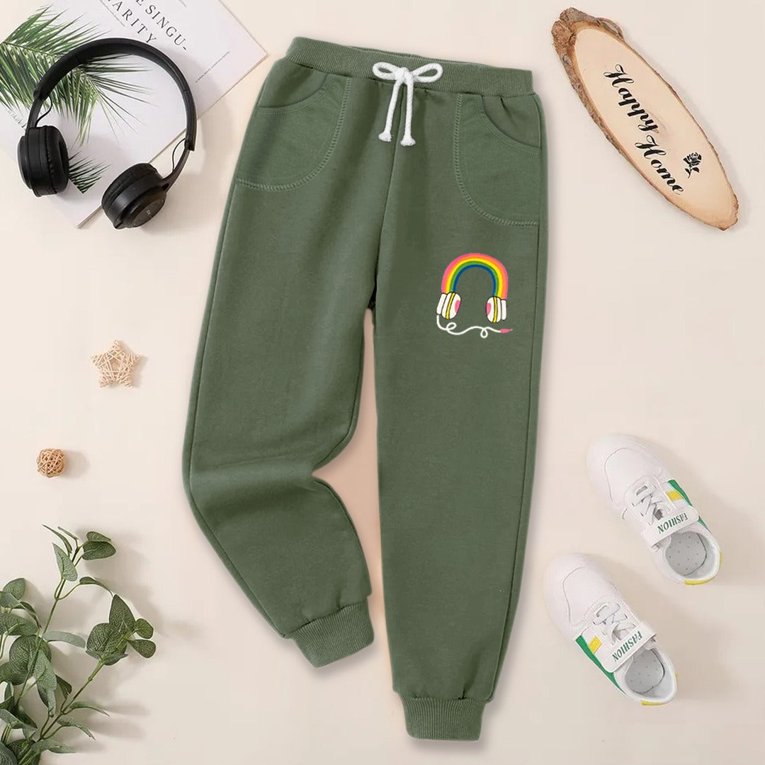 Fleece Jogger Pants for Kids Rainbow Headphones -Army Green