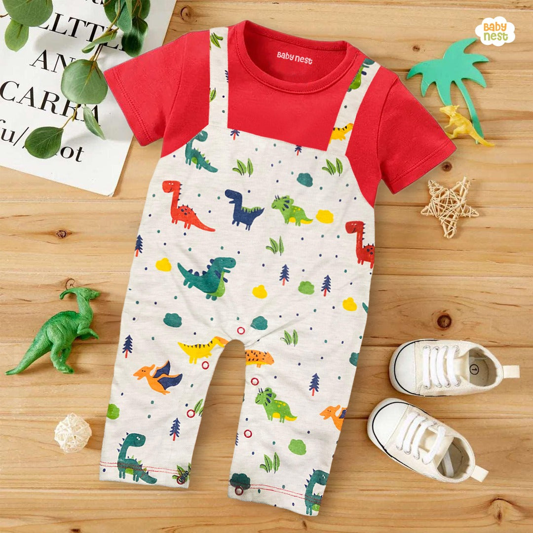 Dungaree Style Dinosaur Printed  Half Sleeves Romper Red & Grey