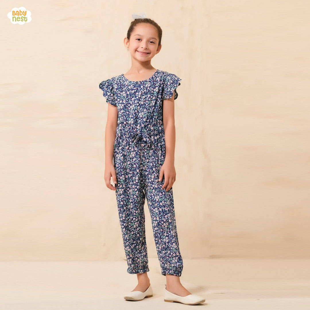 Allover Floral Print Jumpsuit - Navy blue