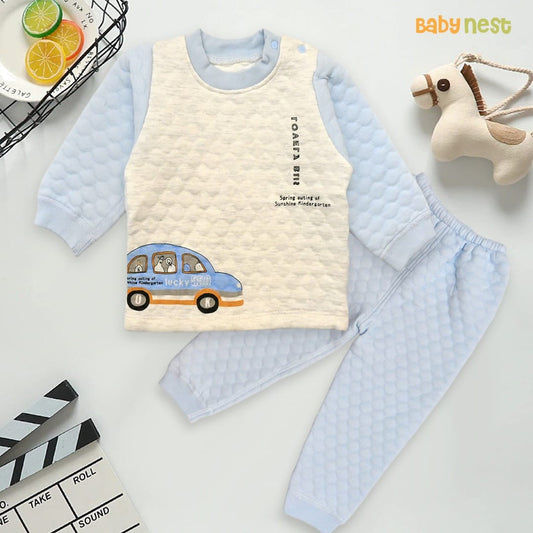 2 Piece Kids Full Sleeves Baby Bodysuit Car Design Blue