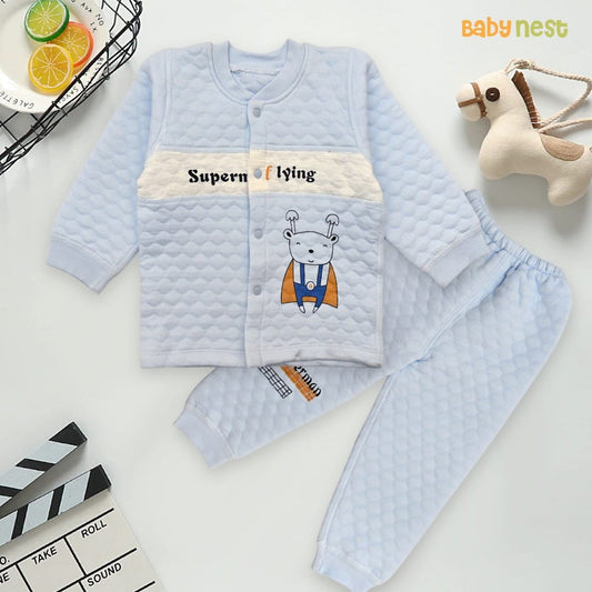 2 Piece Kids Full Sleeves Baby Bodysuit Superma Flying Design Blue