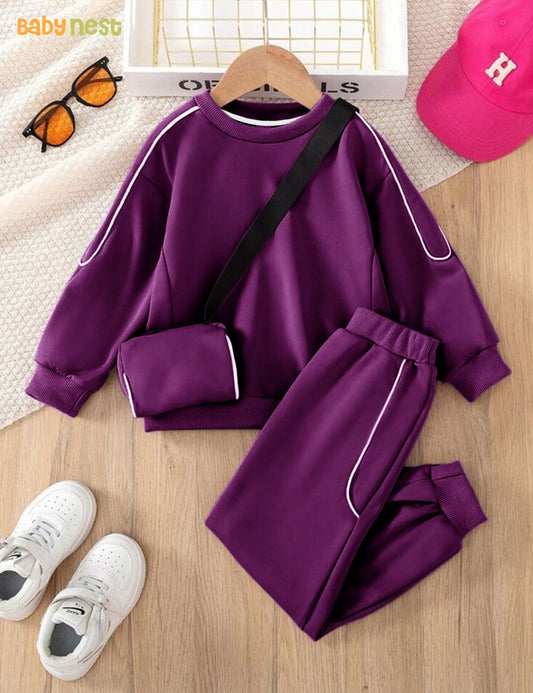 Royal Purple Cozy Explorer Fleece Tracksuit for Kids with Sling Bag