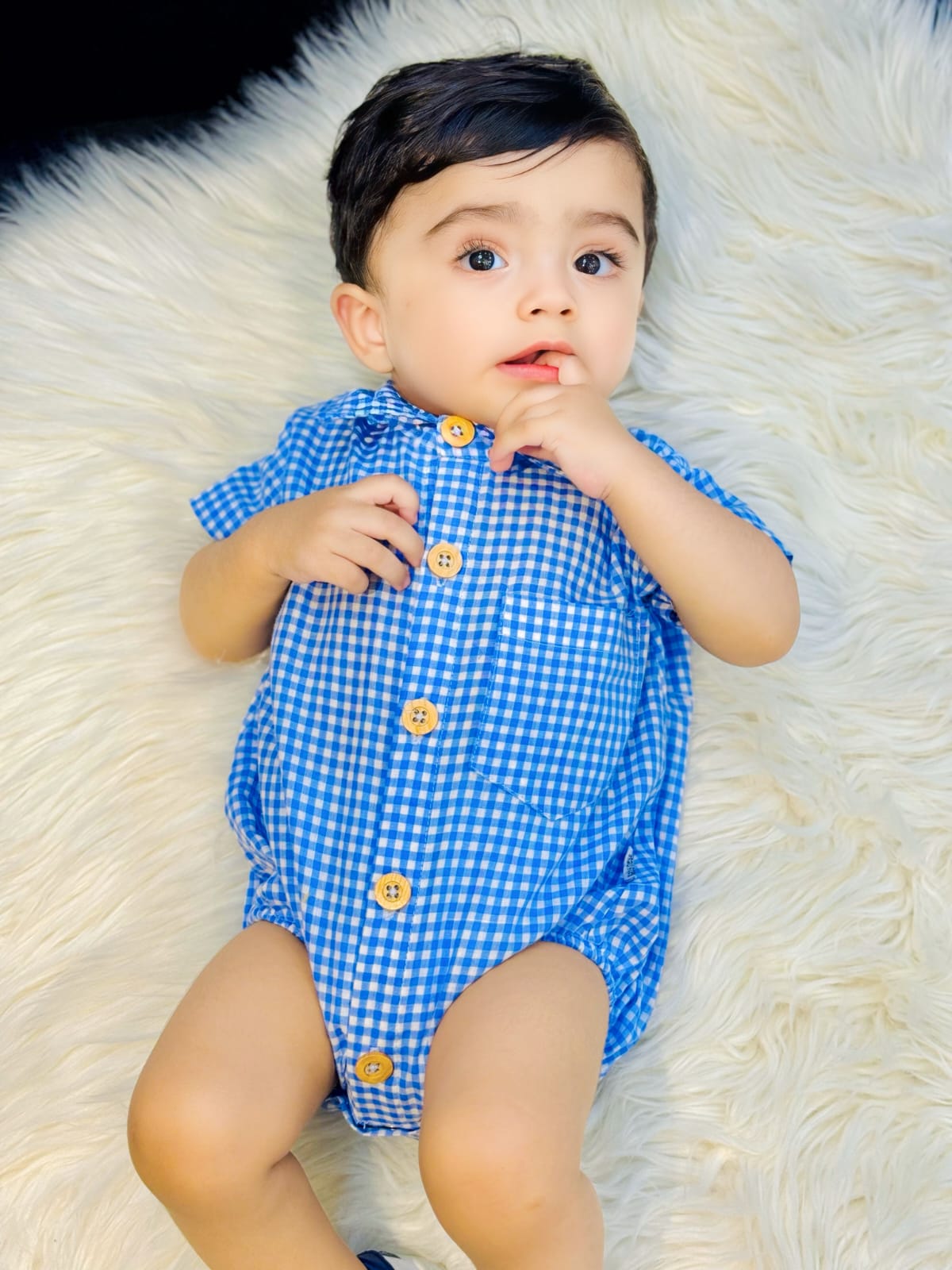 Blue Check Baby Half Romper