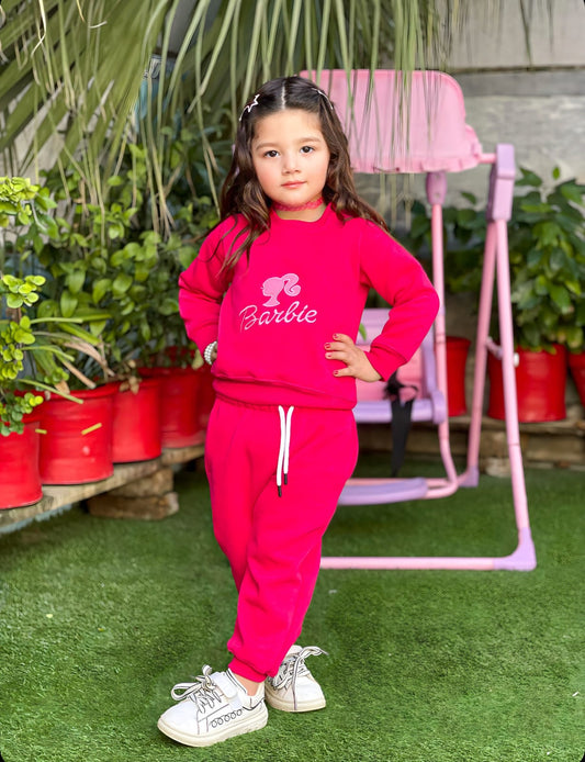 Embroidery Fleece Sweatshirt with Sweatpants - Barbie - Pink - Kids Wear 2 Pc Set