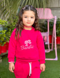 Embroidery Fleece Sweatshirt with Sweatpants - Barbie - Pink - Kids Wear 2 Pc Set