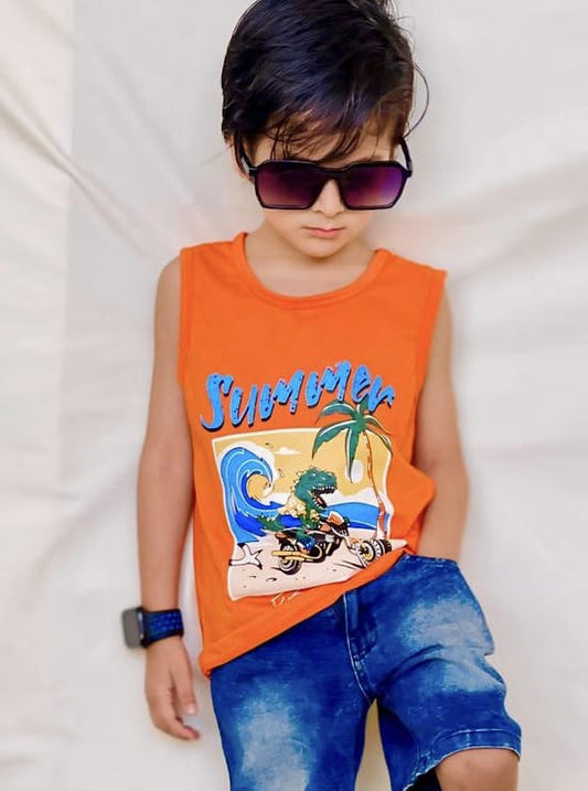 Summer Take a Ride Dinosaur Printed Sandos for Boys - Orange