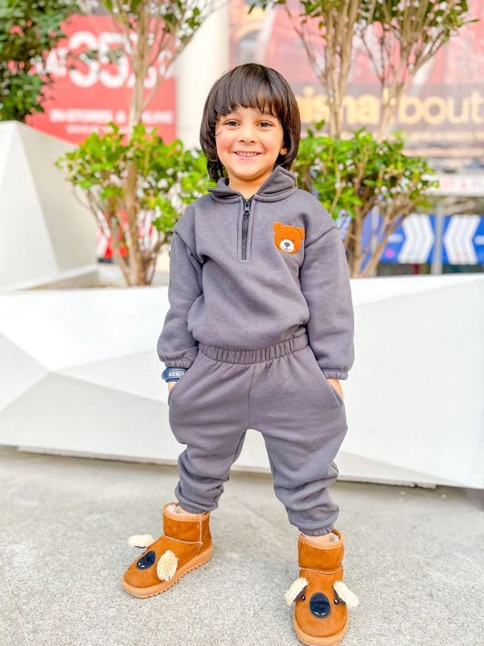 Embroidery Fleece Sweatshirt with Sweatpants - Teddy face - Grey- Kids Wear 2 Pc Set