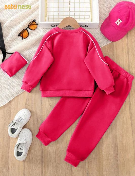 Vibrant Pink Cozy Explorer Fleece Tracksuit for Kids with Sling Bag