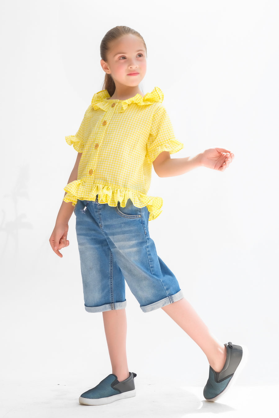 Yellow Button Down Checkered Top For Girls
