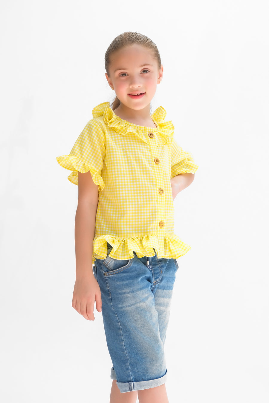 Yellow Button Down Checkered Top For Girls