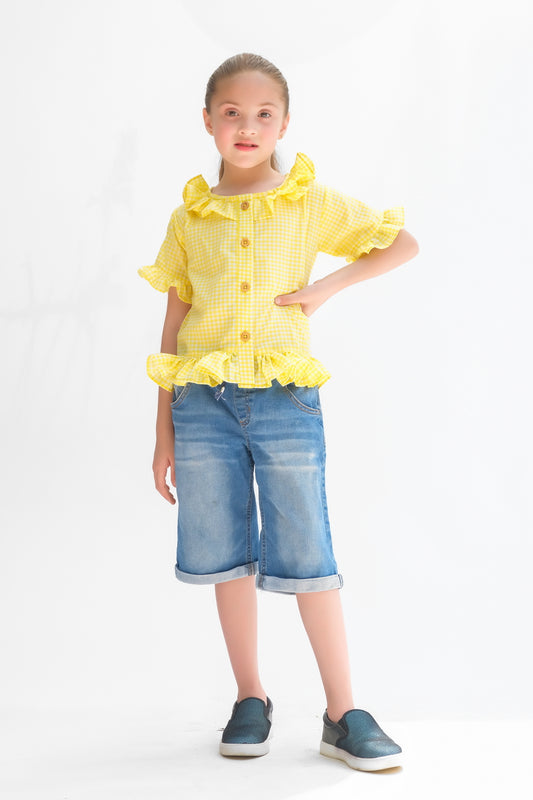 Yellow Button Down Checkered Top For Girls