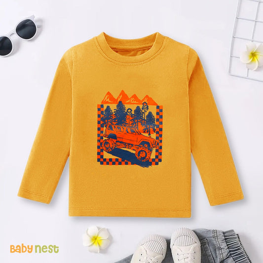 Yellow Adventure Mobile Jeep Printed Full Sleeves T-shirt for Kids