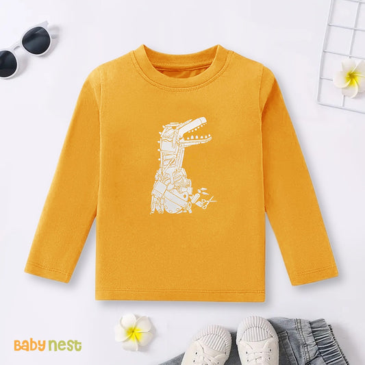 Yellow Dino Robot Printed Full Sleeves T-shirt for Kids