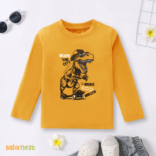 Yellow Dino Style Skate the City Printed Full Sleeves T-shirt for Kids